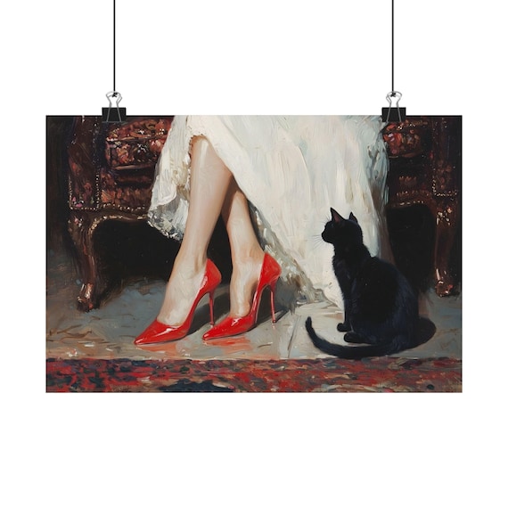 Victorian Woman Red Heels Black Cat Oil Painting Dark Academia Art Print