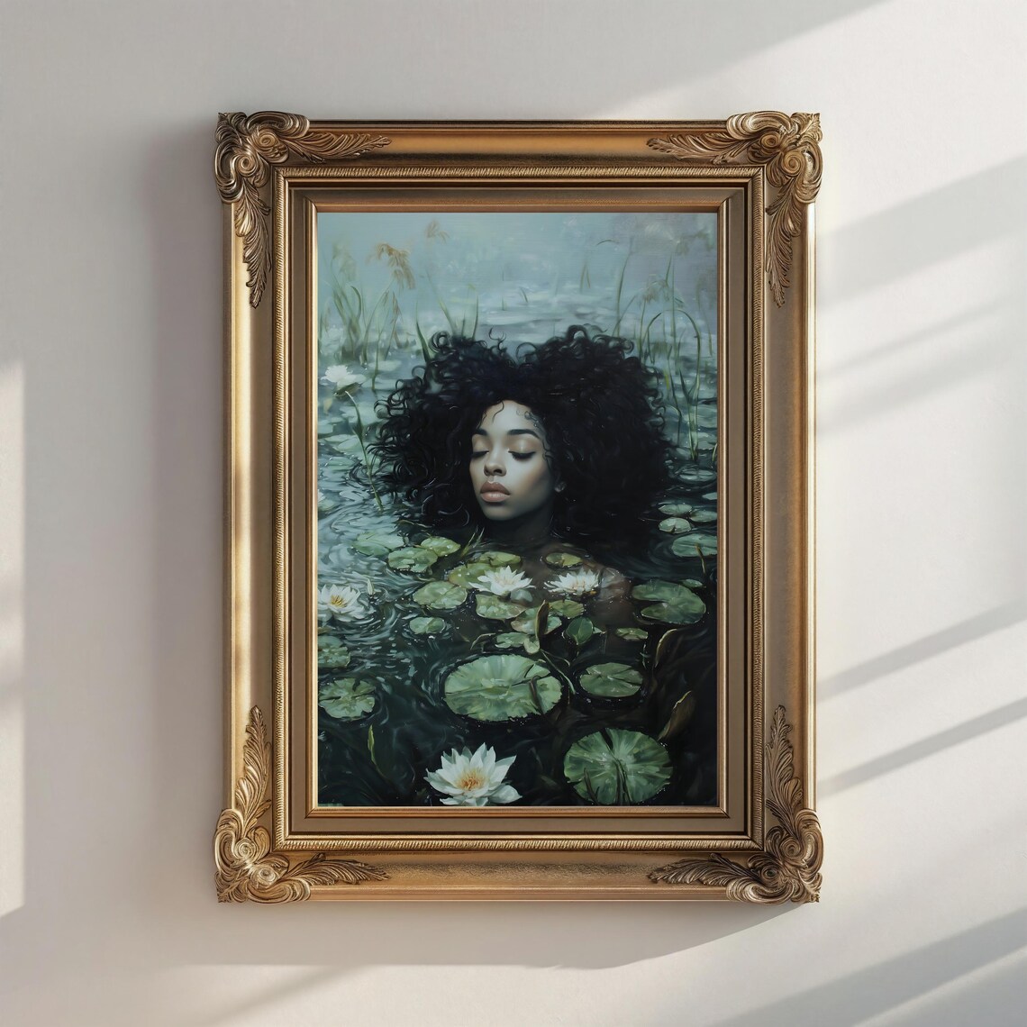 Ophelia Woman With Afro Among White Water Lilies Green Pond Print - Image 2