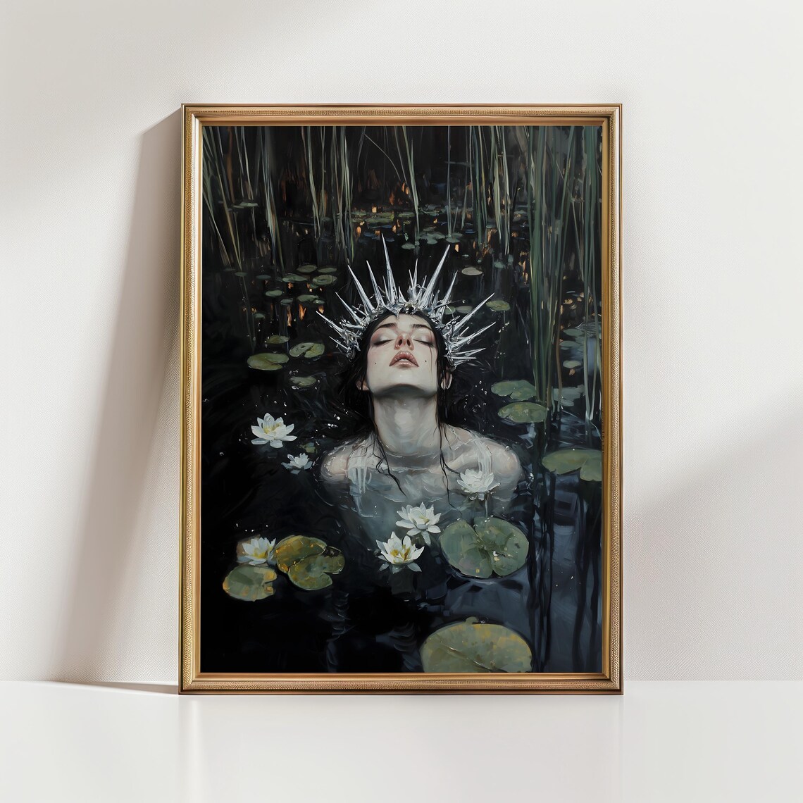 Ice Crowned Lady Floating Among White Lilies in Dark Water Print - Image 2