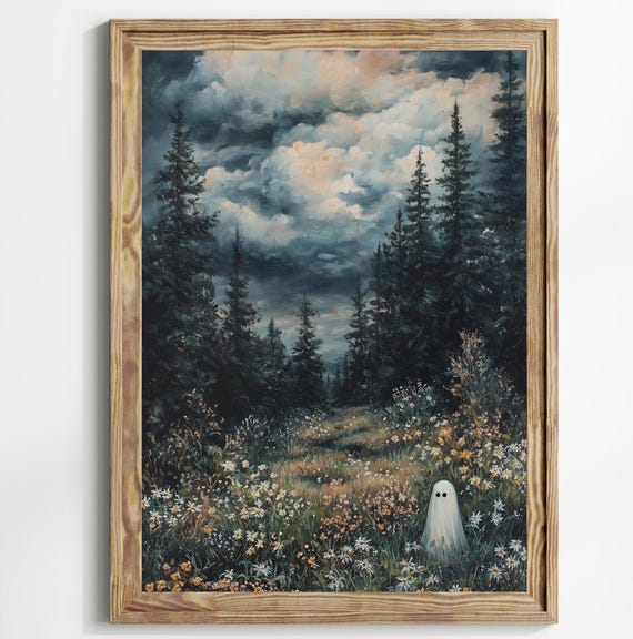 Ghost in Magical Forest Meadow Art Print, Dark Academia