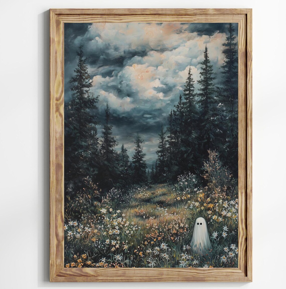 Ghost in Magical Forest Meadow Art Print, Dark Academia