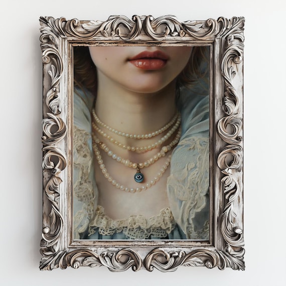 Woman Pearl Necklaces Evil Eye Pendant Moody Victorian Close-Up Wall Poster