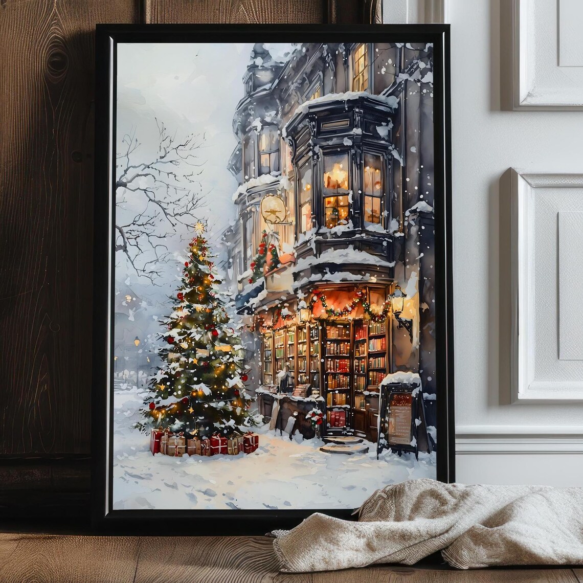 Bookish Christmas Art Print, Winter Book Lover Decor
