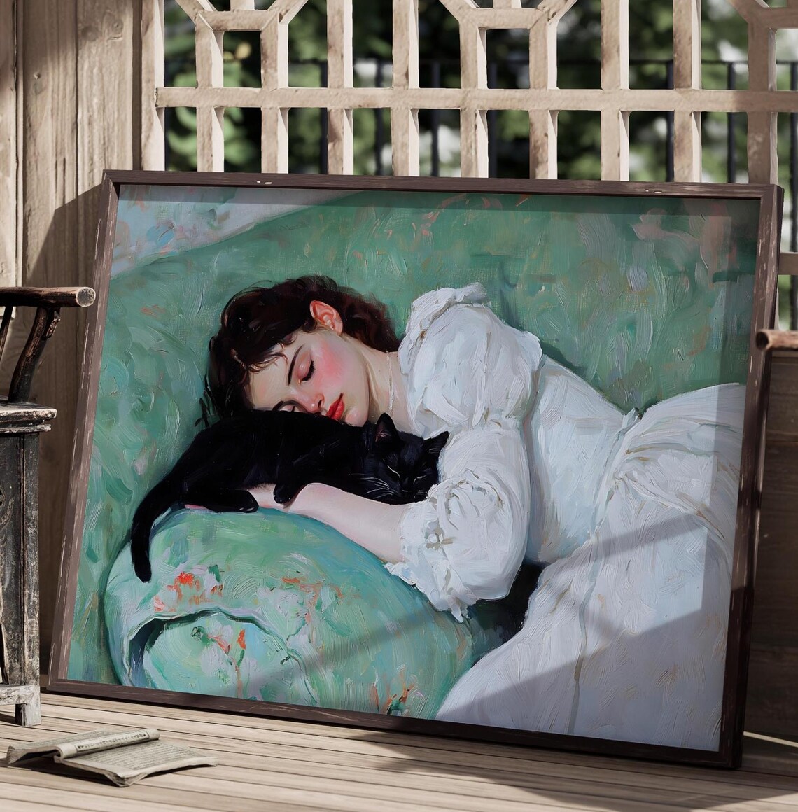 Woman In White Dress Napping With Black Cat Green Couch Painting Print - Image 3