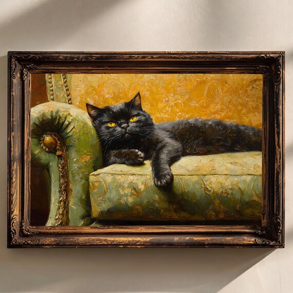 Black Cat Golden Eyes Vintage Chaise Lounge Portrait Oil Painting Poster