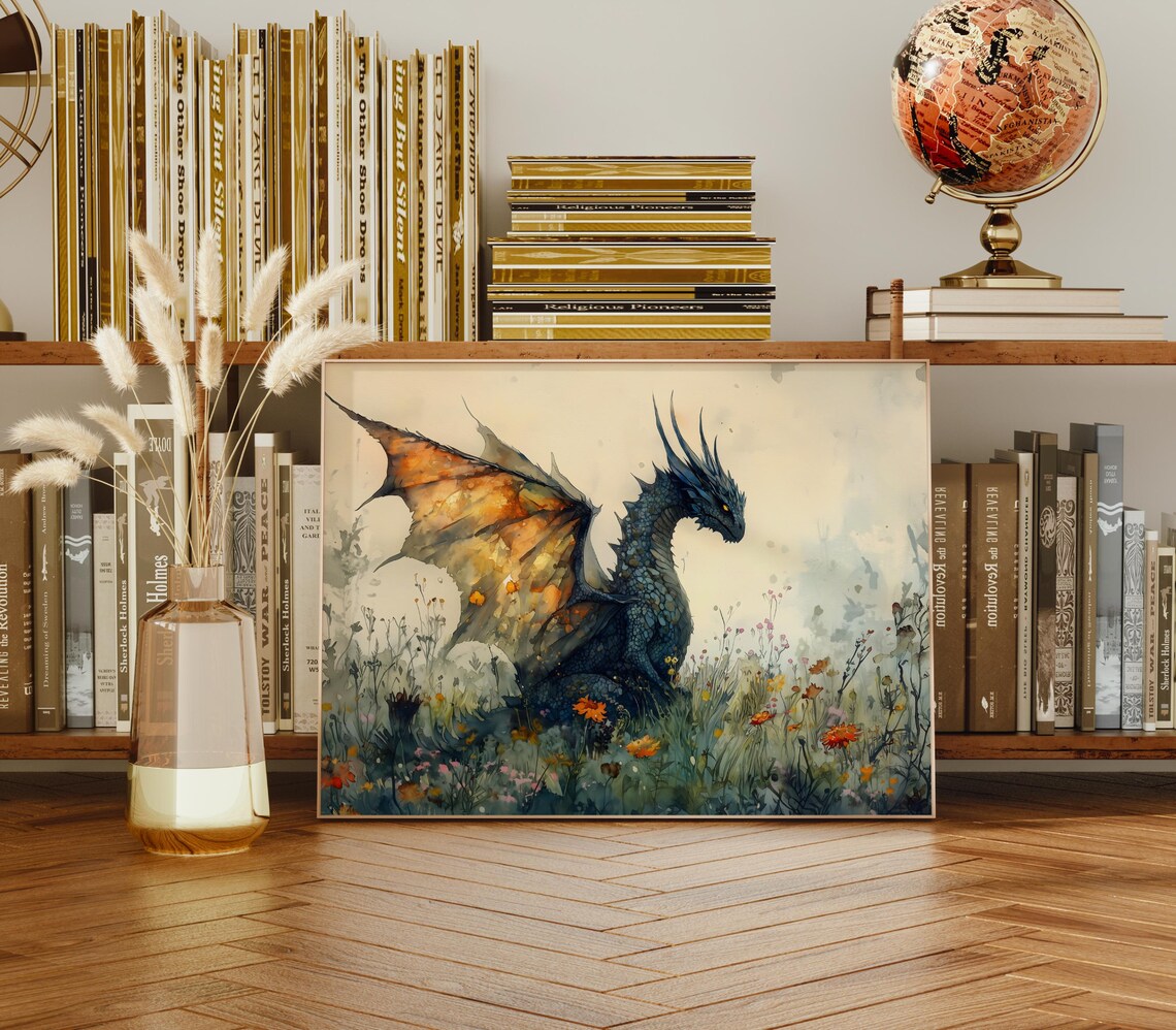Dragon Watercolor Art Print, Dark Academia Forest - Image 2