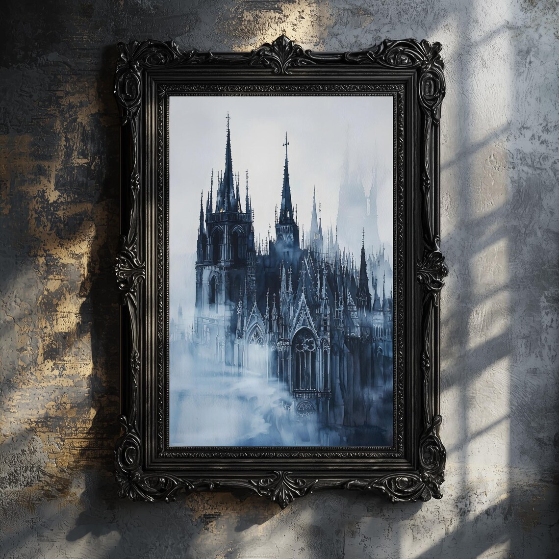 Twin Spire Gothic Cathedral Blue Fog Watercolor Dark Architecture Poster - Image 2