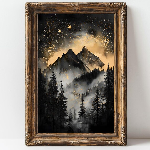 Moody Dark Abstract Night Sky Stars Print Pine Forest Mountains Silhouette Academia Decor Blue Gold Maximalist Moody Celestial Bedroom