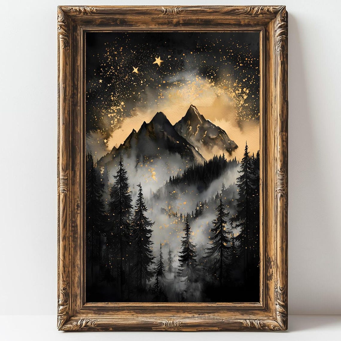 Moody Starry Night Sky Gold Mountains Pine Forest Silhouette Wall Art