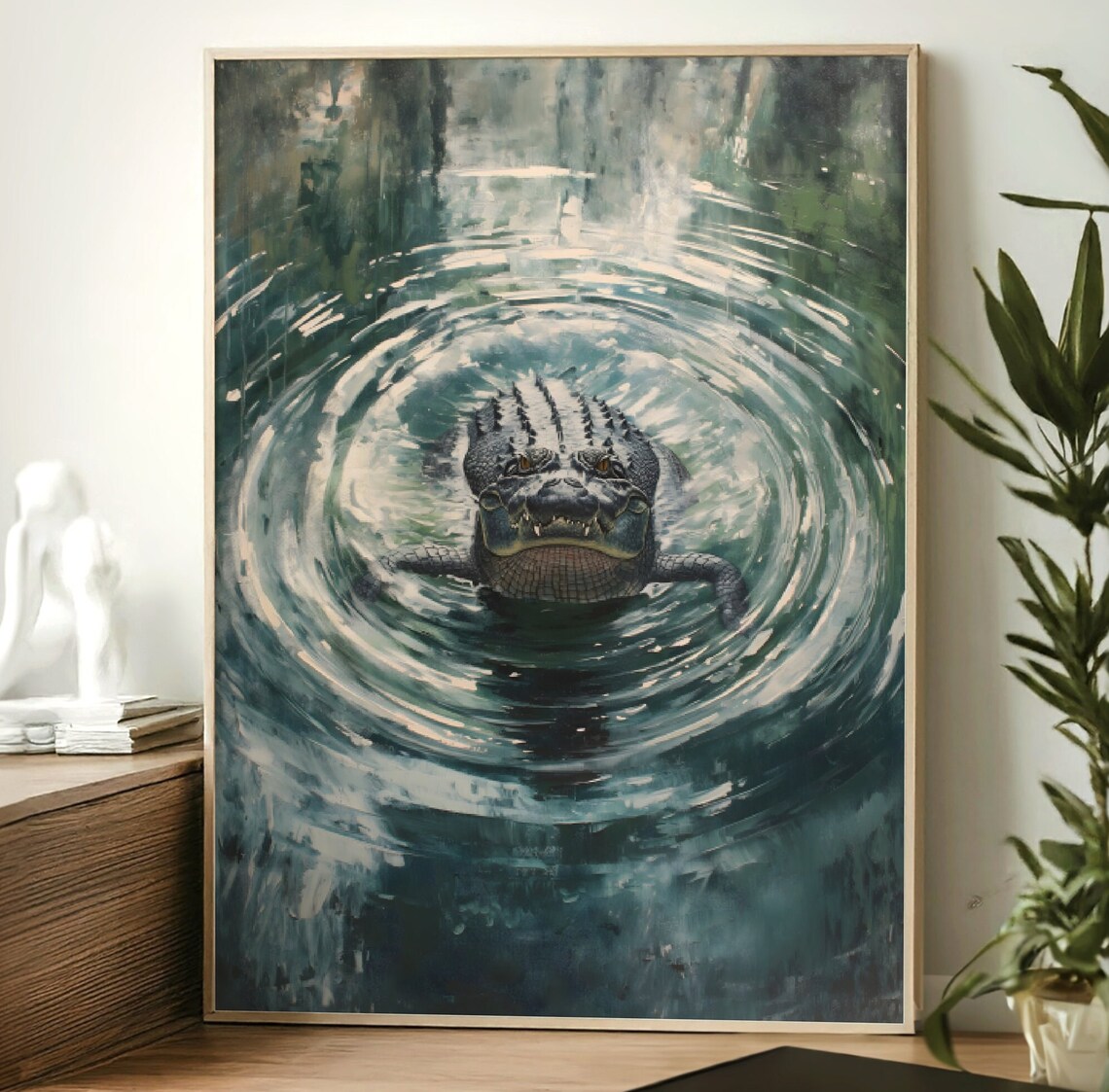 Alligator In Swirling Dark Water Moody Wildlife Oil Painting Nature Art Poster - Image 3