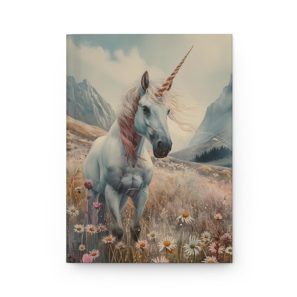 Whimsical White Unicorn In Wildflower Mountain Meadow Hardcover Journal - Image 3