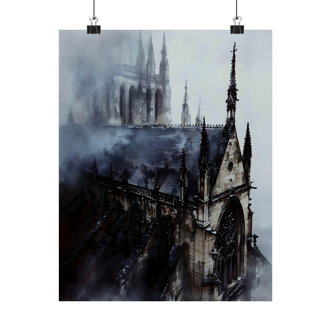 Gothic Cathedral Spires Fog Moody Dark Academia Watercolor Art Print - Image 2
