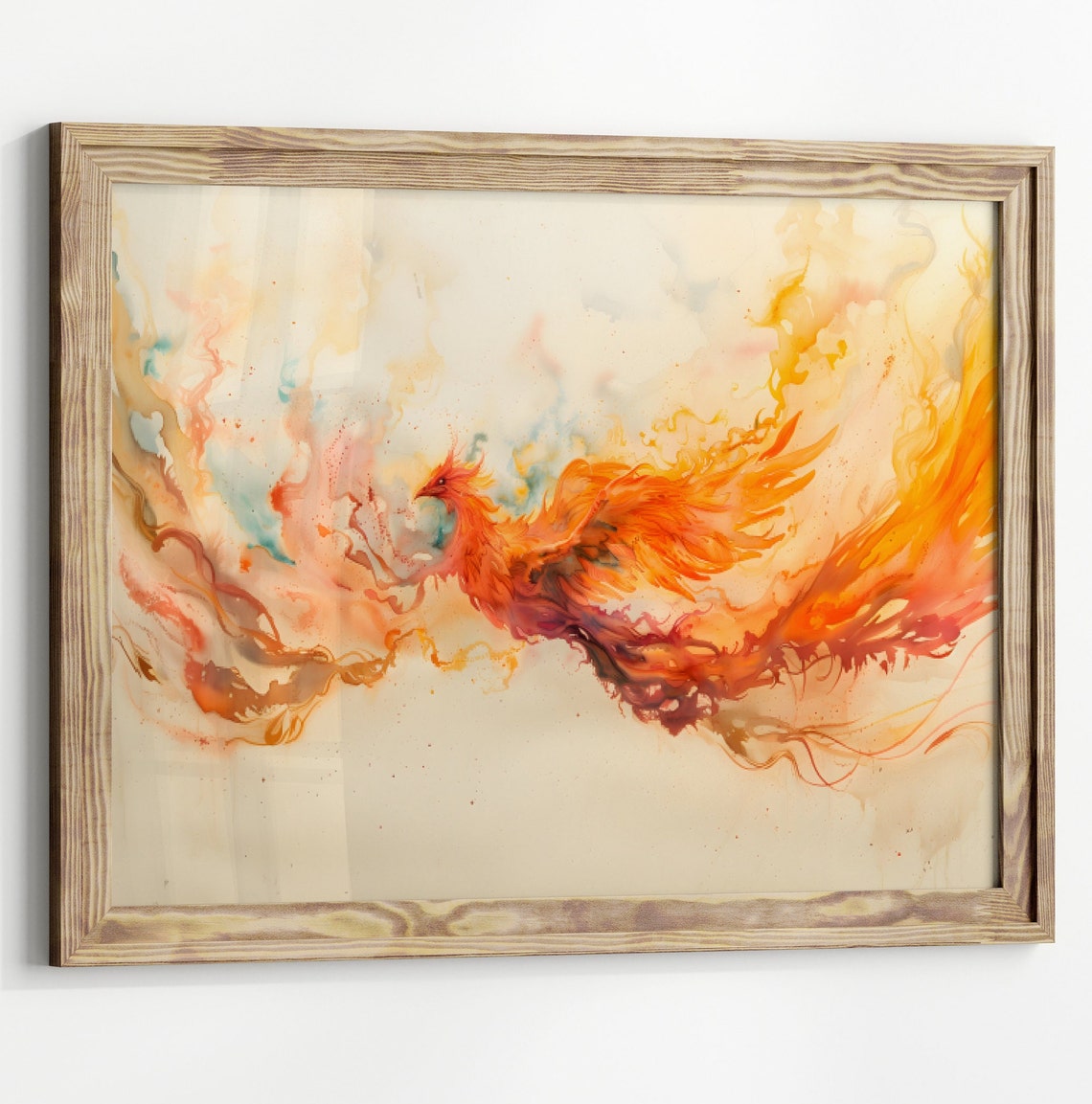 Rising Fire Phoenix Watercolor Fiery Orange Mythical Bird Wall Poster