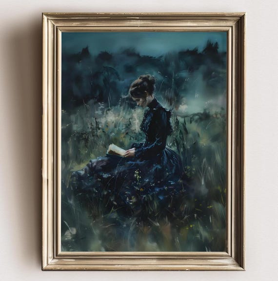 Bookish Victorian Woman Reading, Dark Academia Art Print