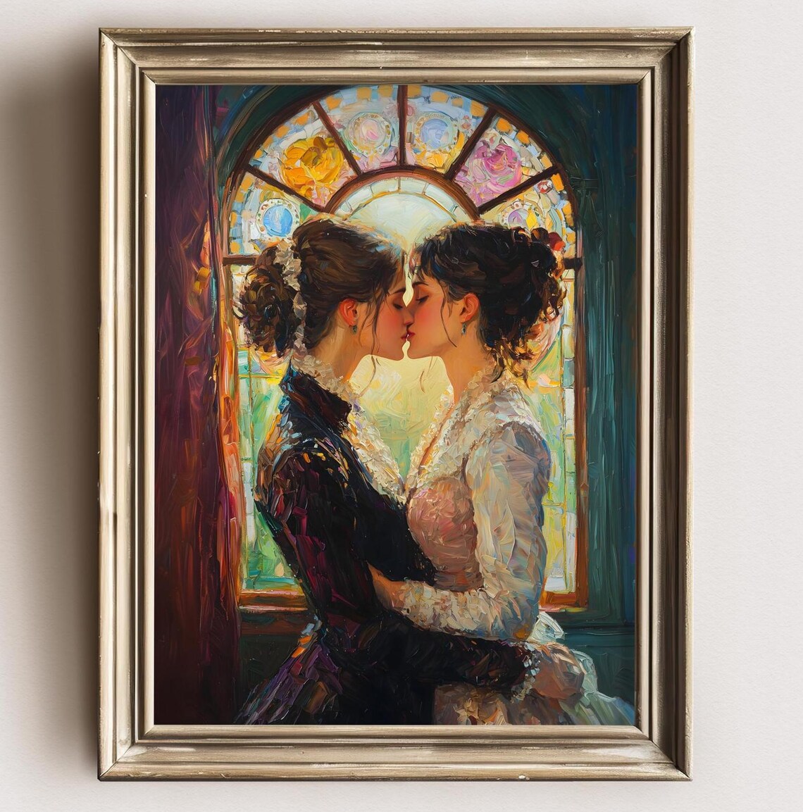 Two Victorian Women Kissing By Stained Glass Window Sapphic Romance Art Print