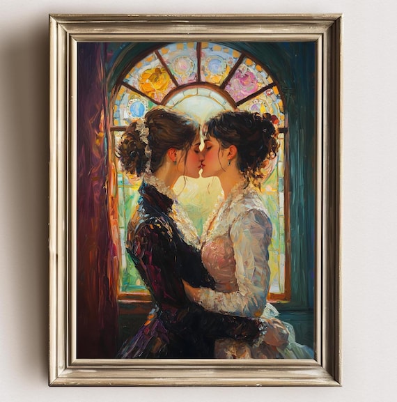 Two Victorian Women Kissing By Stained Glass Window Sapphic Romance Art Print