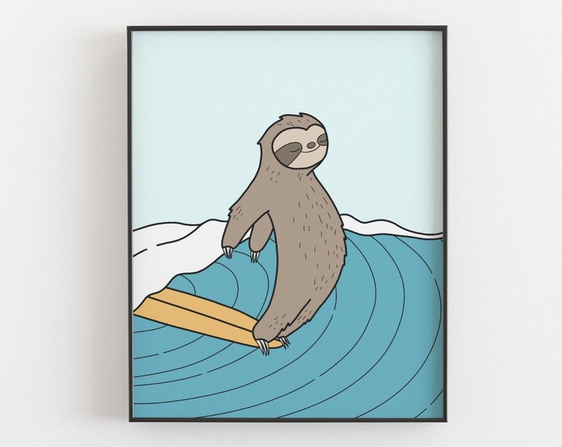 Surfing Sloth Art Print, Funny Beach Animal Decor