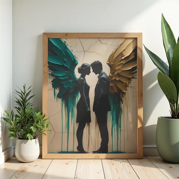 Angel Wings Couple Art Print Gold Teal Abstract Painting