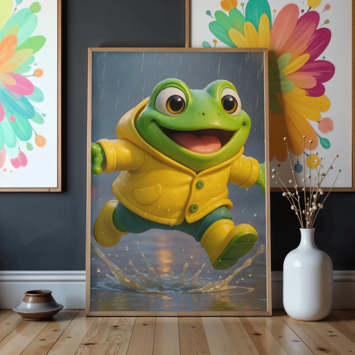 Happy Frog Yellow Raincoat Puddle Jump Rainy Day Kids Wall Art