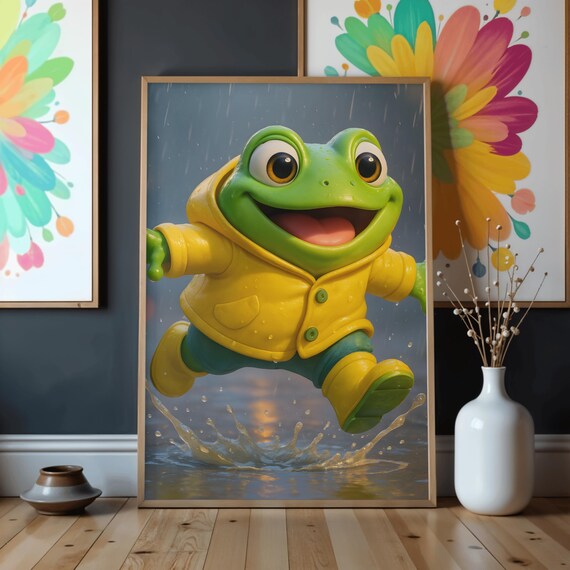 Happy Frog Yellow Raincoat Puddle Jump Rainy Day Kids Wall Art