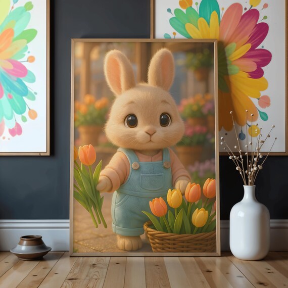 Adorable Baby Bunny Tulip Basket Overalls Nursery Animal Wall Art