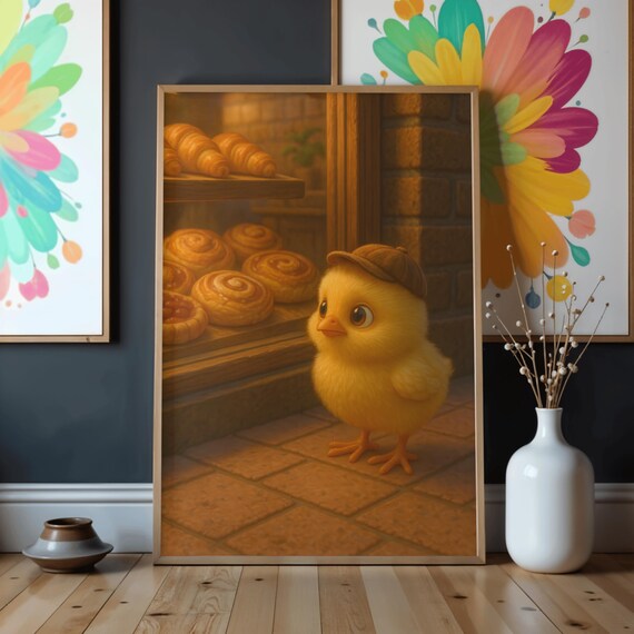 Cute Baby Chick Bakery Cozy Croissant Nursery Animal Wall Art