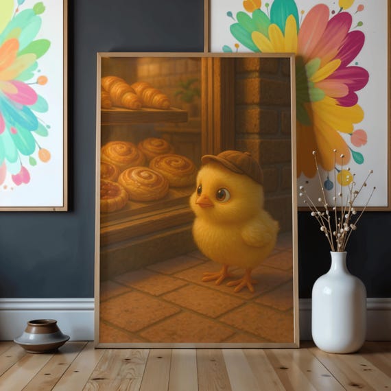 Cute Baby Chick Bakery Wall Art Cozy Nursery Animal Print Warm Yellow Illustration Kids Room Farm