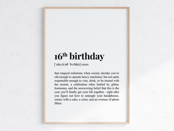 16th Birthday Definition Print Sarcastic Dictionary Poster Funny Gift For Daughter Or Son