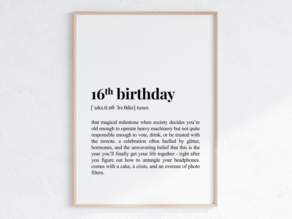 16th Birthday Definition Print Sarcastic Dictionary Poster Funny Gift For Daughter Or Son
