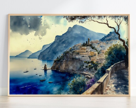 Amalfi Coast Cliffside Town Watercolor Italian Travel Wall Art