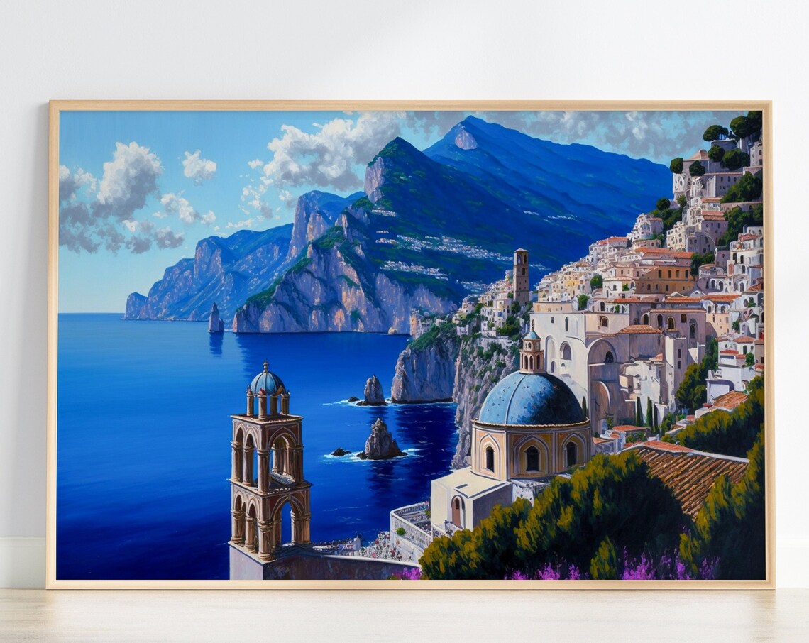 Blue Dome Coastal Church on Italian Cliffs Mediterranean Art Print