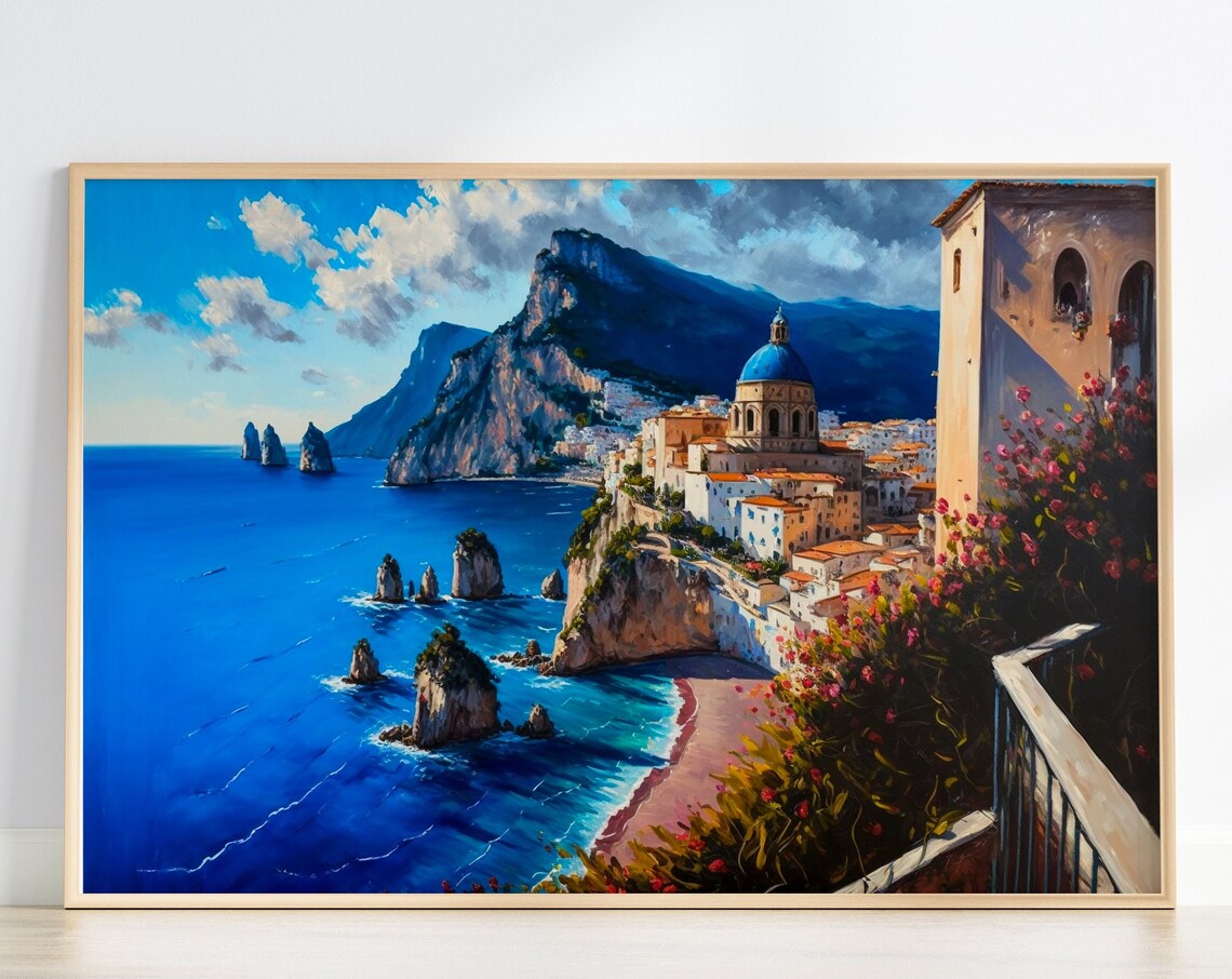 Sea Wall Art Print Amalfi Coast Contemporary Housewarming Gift Italian Seascape Sorrento Home Decor European Watercolour Painting