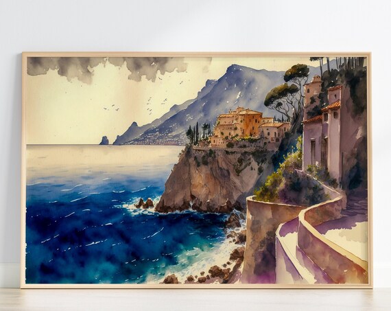Amalfi Coast Italian Art Print Boho Contemporary Housewarming Gift Beach Paradise Italy Seaside Ocean Mountain Exotic Tropical Wall Decor