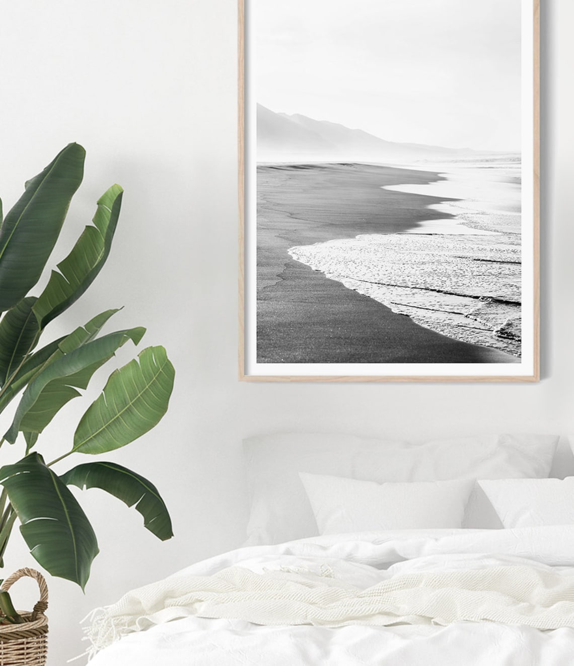 Black And White Beach Shoreline Misty Mountains Coastal Travel Poster - Image 3