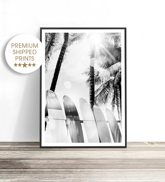 Surfboard Art Print, Black And White Beach Decor