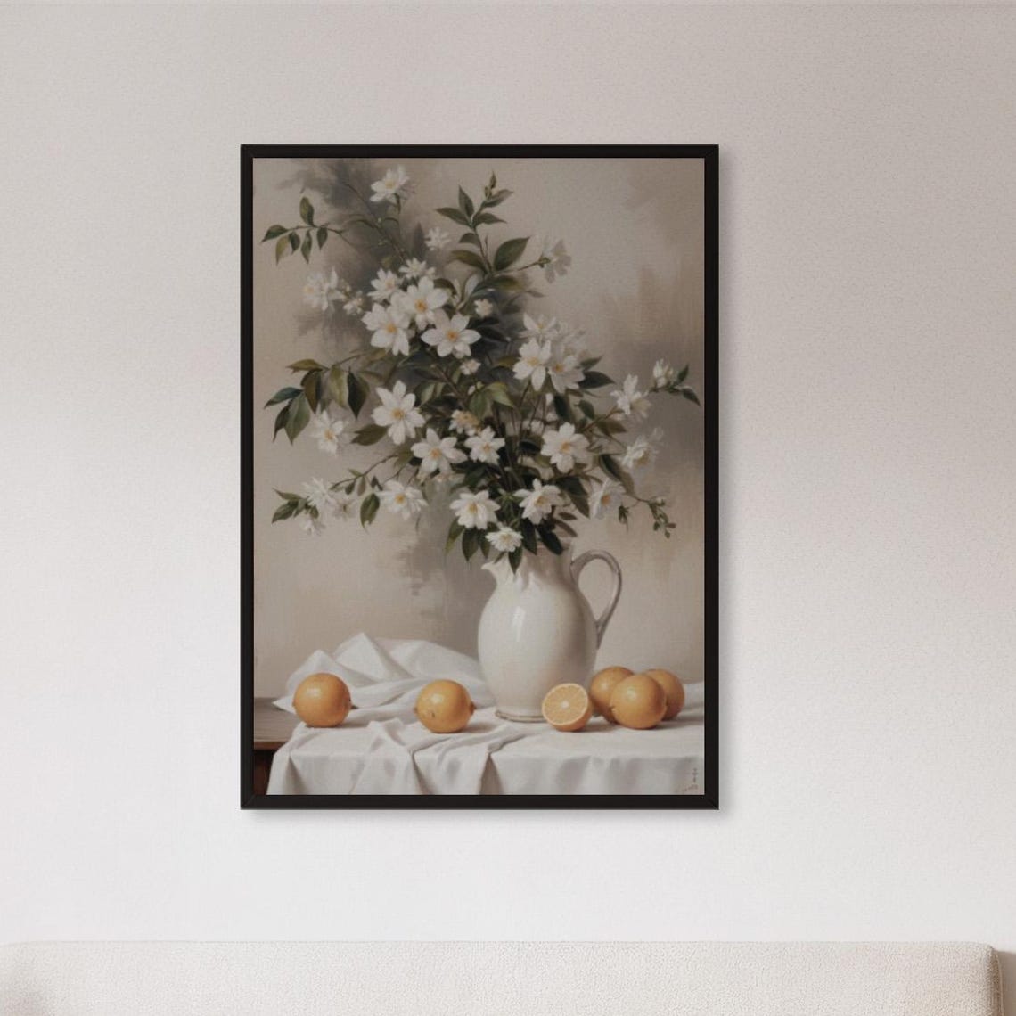 Vintage White Floral Still Life With Lemons and Pitcher Art Poster