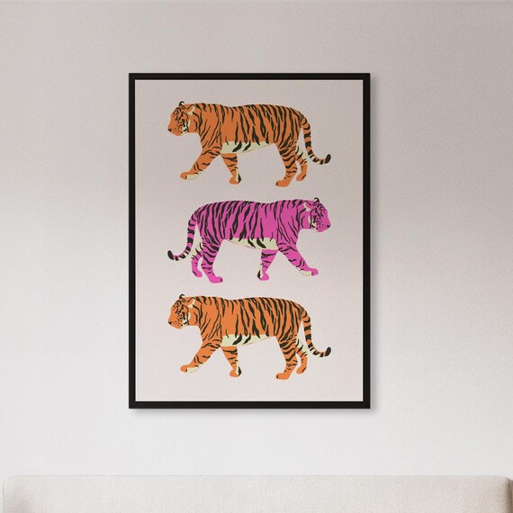 Trio Of Tigers Orange Pink Pop Art Illustration Wild Cat Wall Art