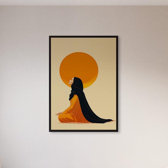 Framed Abstract Woman And Sun Wall Art Print Minimalist Spiritual Poster Meditative Home Decor Gift For Her Calm Space Or Yoga Corner