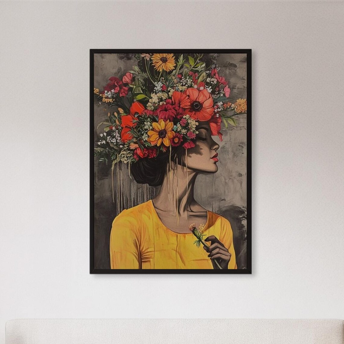 Woman With Blooming Flower Crown Yellow Dress Feminine Art Poster