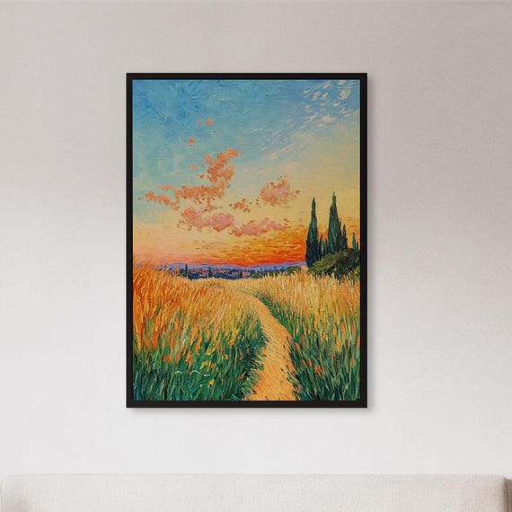 Framed Sunset Field Wall Art Print Vibrant Wheat Path Landscape Poster Impressionist Nature Decor Gift For Her Or Warm Country Style Room