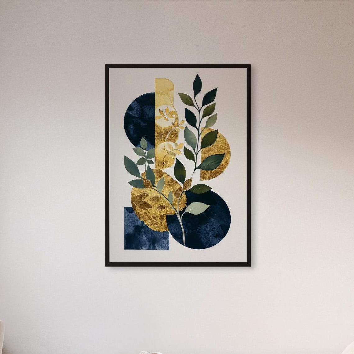 Navy and Gold Geometric Botanical Leaf Branches Modern Abstract Poster