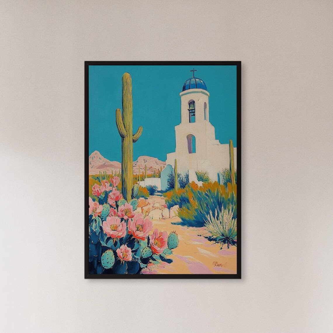 Desert Mission Church with Saguaro Cactus Pink Blooms Southwest Poster