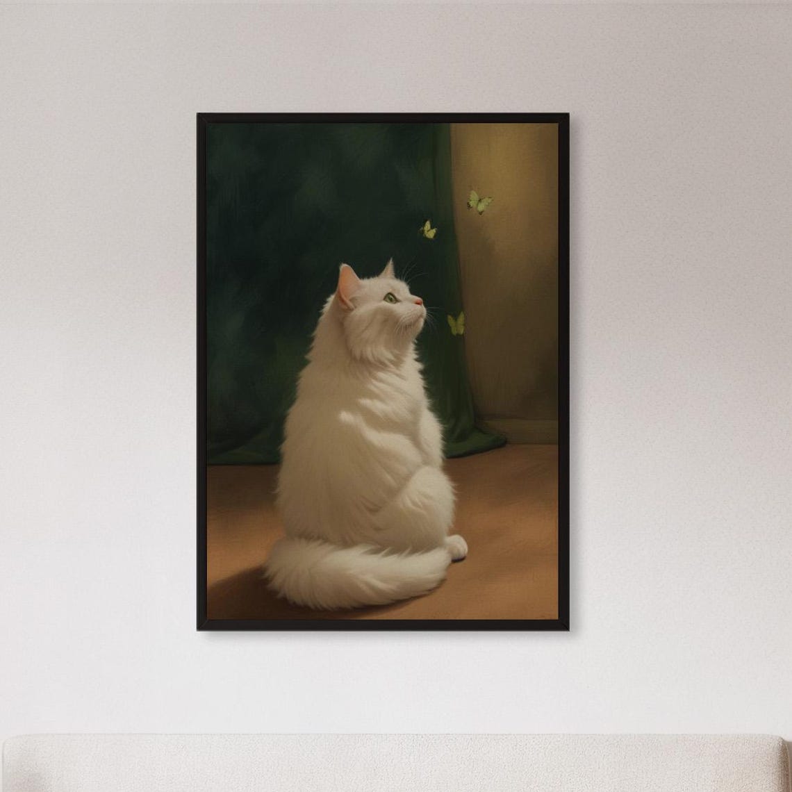 White Fluffy Cat Watching Butterflies Classical Painting Poster