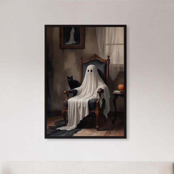 Framed In Chair Wall Art Print Gothic Halloween Poster With Cat Spooky Cute Home Decor Gift For Horror Lovers Or Witchy Interiors