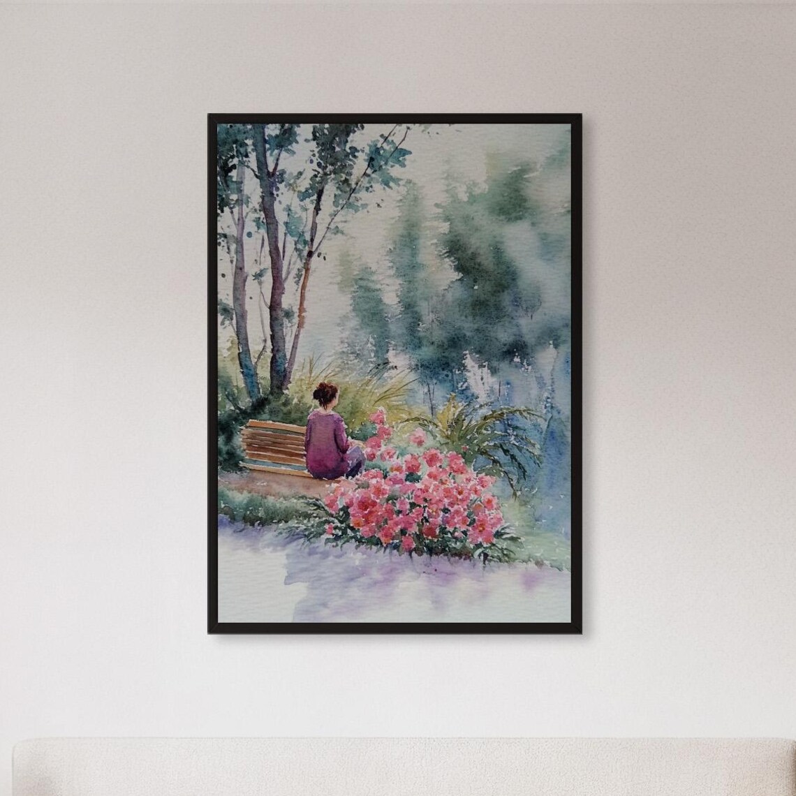 Woman Sitting On Bench In Pink Flower Garden Watercolor Poster