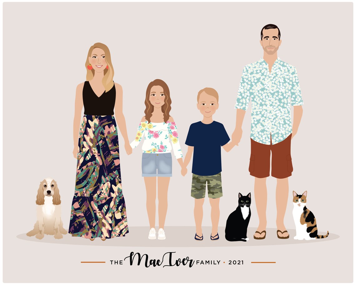 Family Portrait Illustration, Custom People Drawing