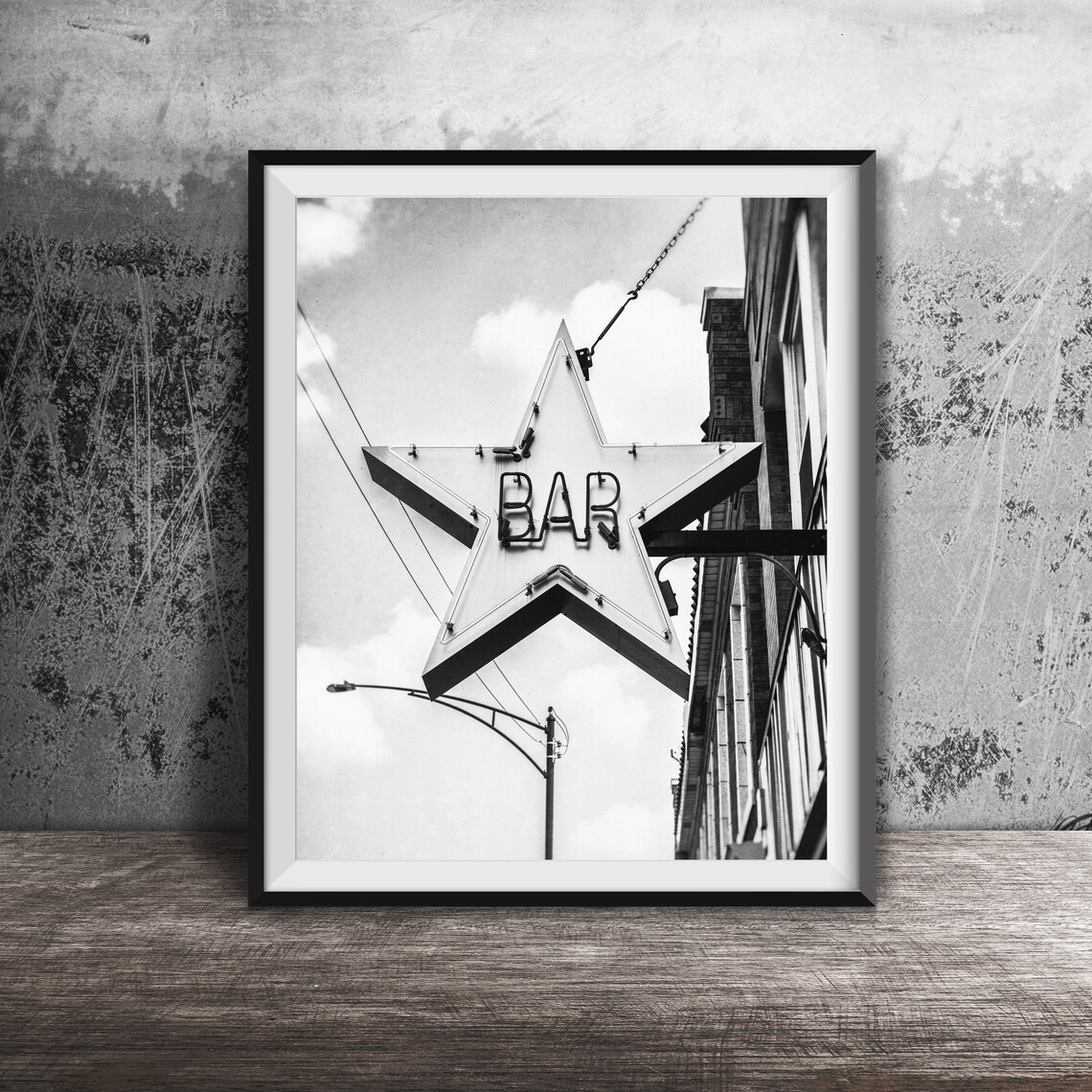 Star Shaped Bar Neon Sign Against Blue Sky Street Photo Poster - Image 2