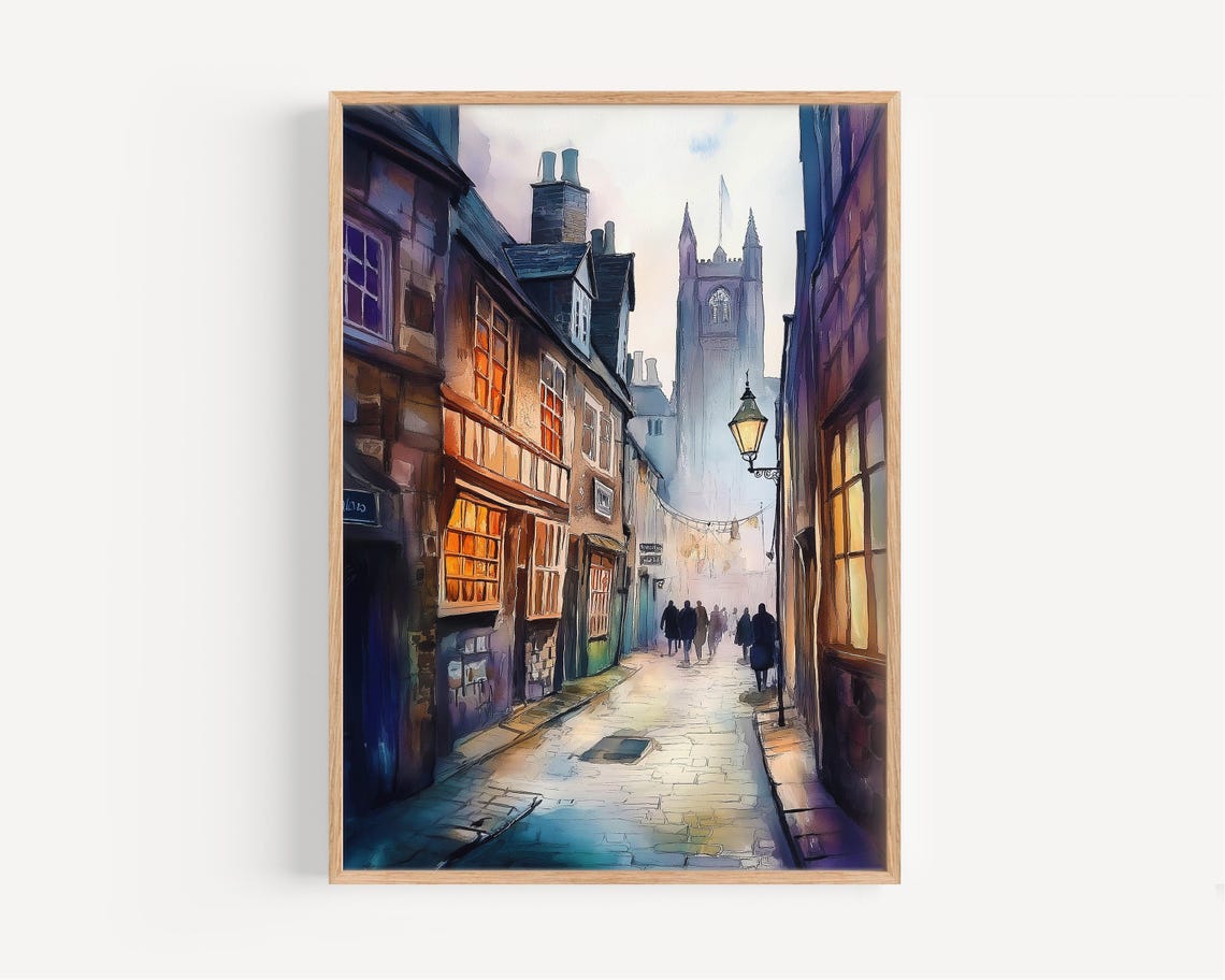 York England Watercolor Twilight Old Town Cobbled Street Poster
