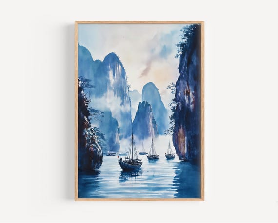 Ha Long Bay Watercolor Painting Wall Art Print Vietnam Poster Travel Decor Illustration Home Asian