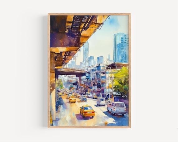 Bangkok City Street Traffic Skytrain Overpass Watercolor Poster
